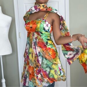 Y2K Scala 100% Silk Floral Dress w/ Matching Scarf